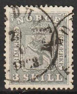 FRIMÆRKER NORGE | 1863 - AFA 07 - 3 sk. lillagrå - Stemplet